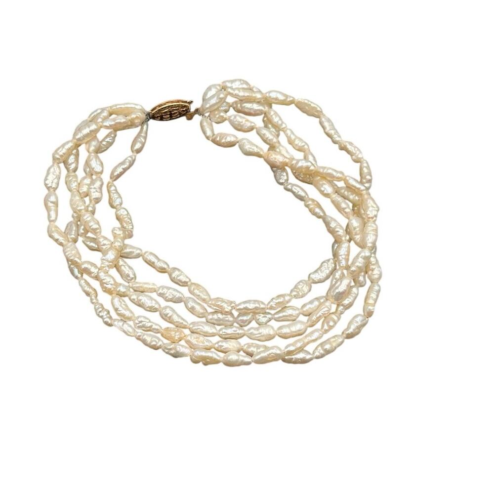 Yellow Gold Clasp Multi Strand White‎ Textured Freshwater Rice Pearl bracelet